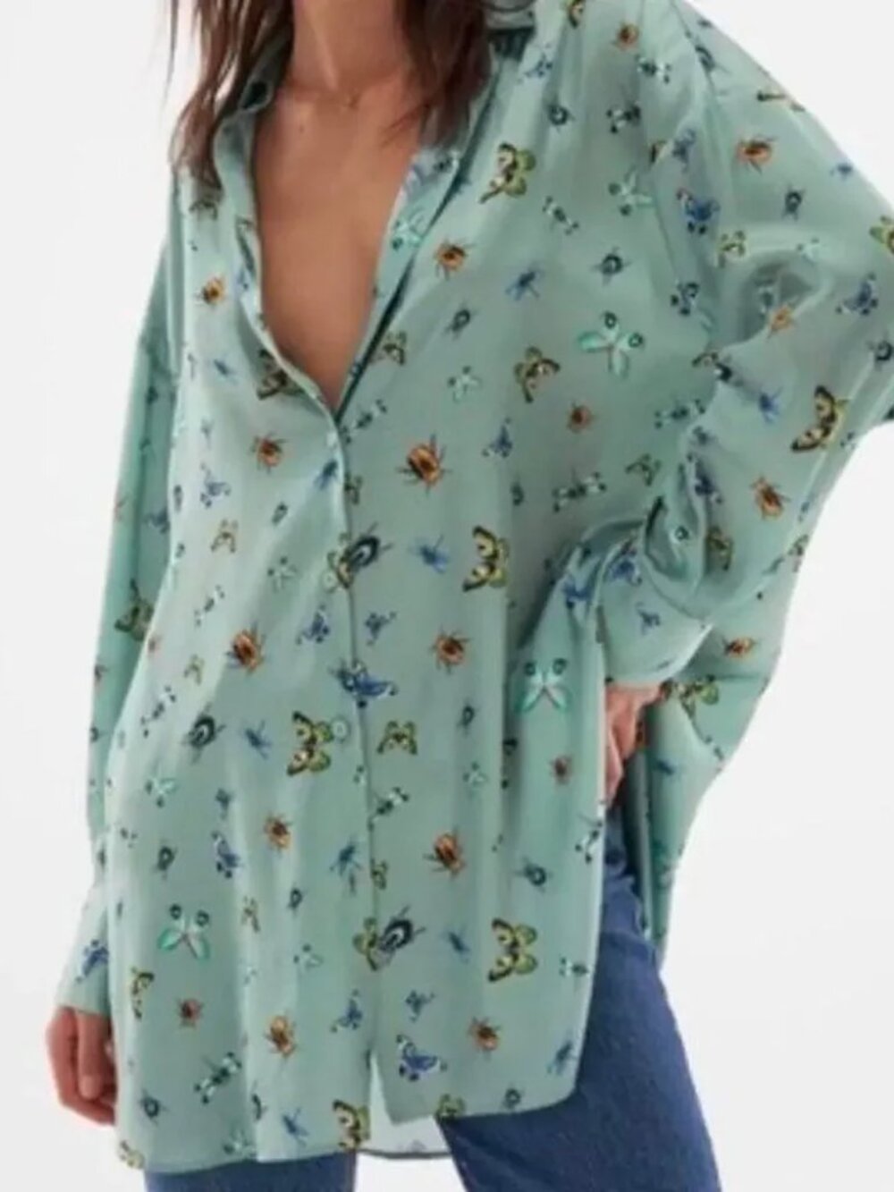 Zara Satin Butterfly & Bug Printed Button Down in Sage Green M